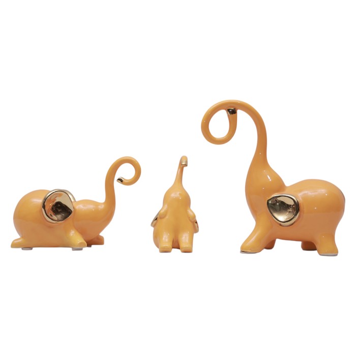 Orange Elephant Figurine Set: Modern Animal Decor, Unique Trunk Designs, Gold Accents, Playful Home Accents, Add a Touch of Whimsy.
