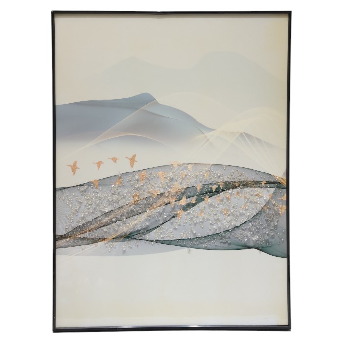 Framed Abstract Landscape Artwork: Modern Nature Inspired Art, Textured Layers, Metallic Bird Accents, Add a Touch of Serene Drama.