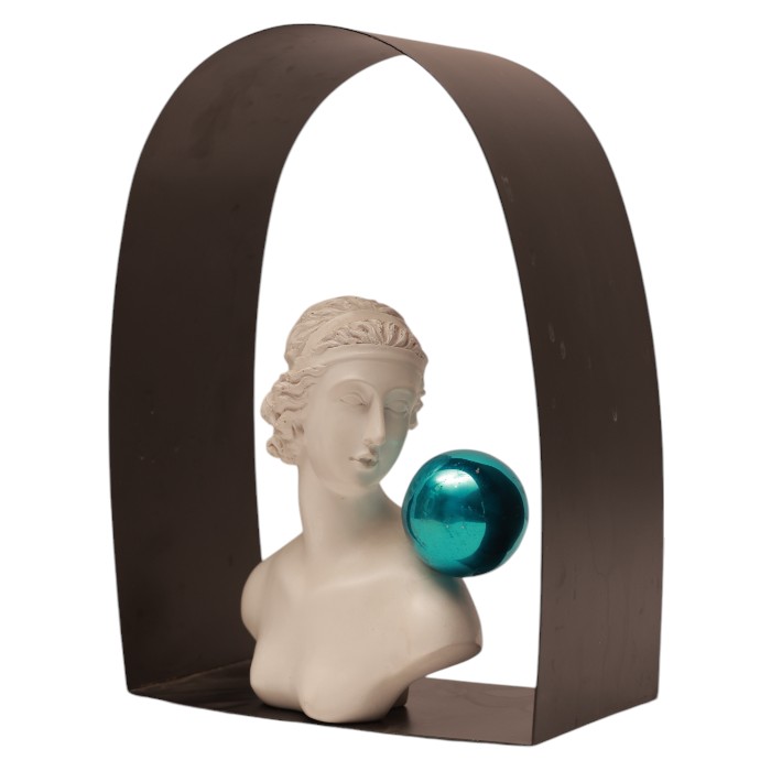 Figurative Sculpture: Classical Bust, Spherical Accent, Framed Composition, Artistic Decor for Contemporary Spaces.