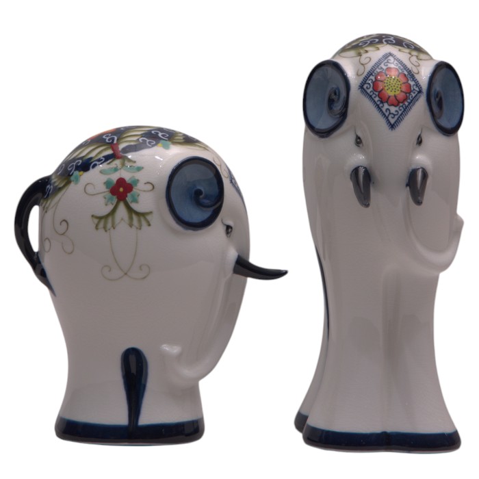 Set of 2 Ceramic Elephant Figurines - Floral Design Decor