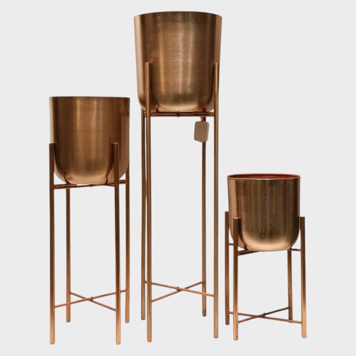 Modern Hammered Copper Finish Plant Stands - Set of Three