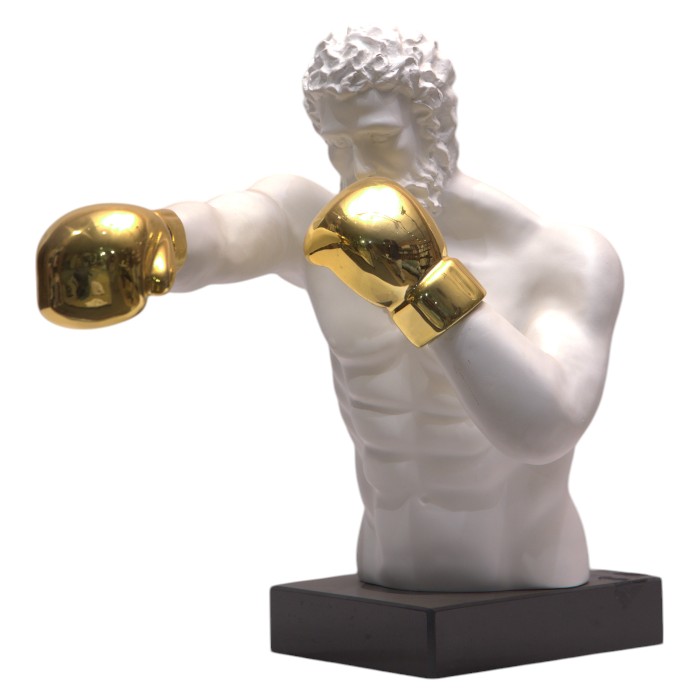 Striking Marble Boxer Sculpture with Golden Gloves: A Bold Statement Piece for Your Home Decor