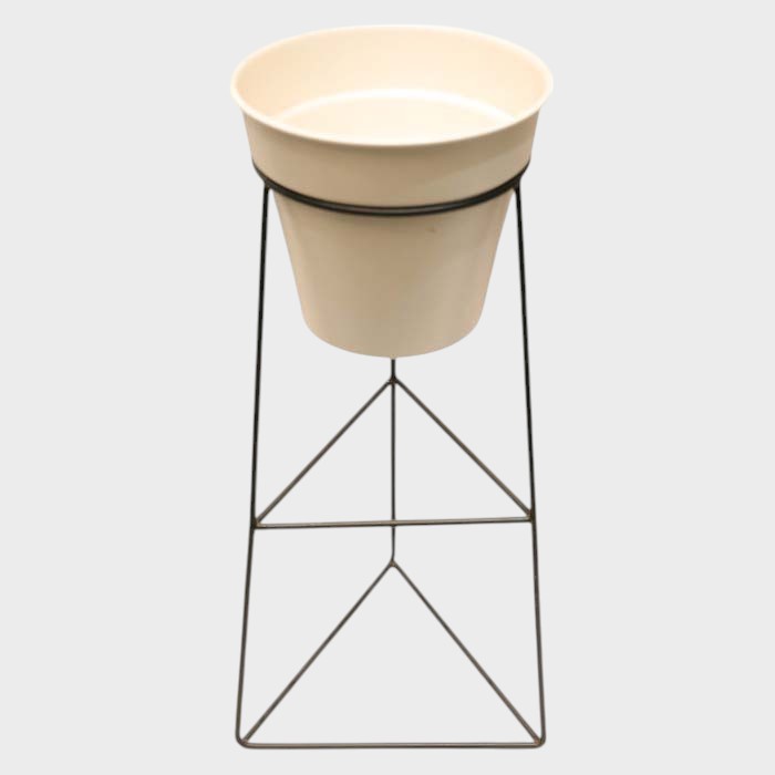 Modern Black Metal Geometric Plant Stand with Cream Pot