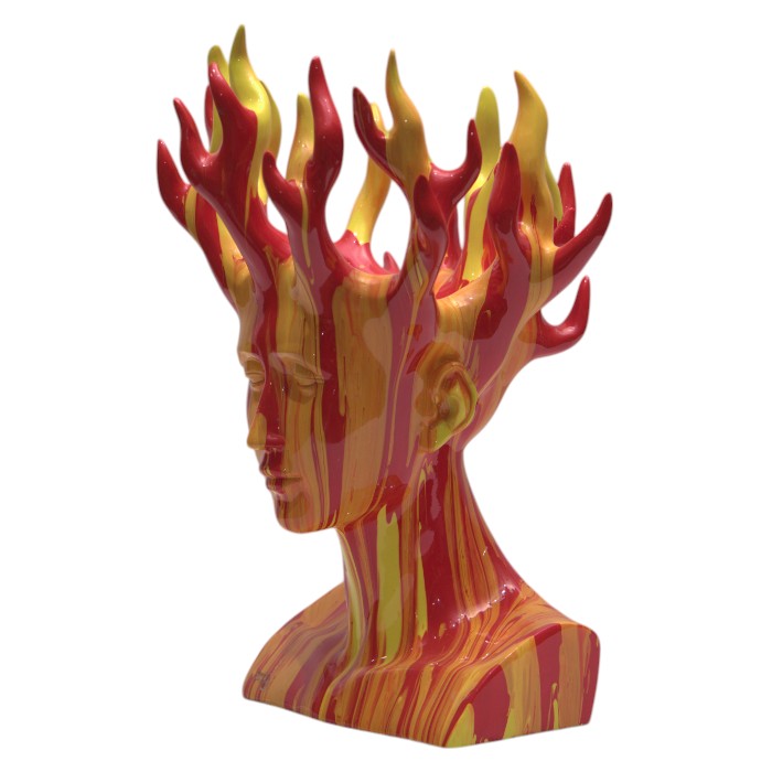 Figurative Bust Sculpture: Flame-like Details, Artistic Expression, Unique Decor Piece for Contemporary Spaces.
