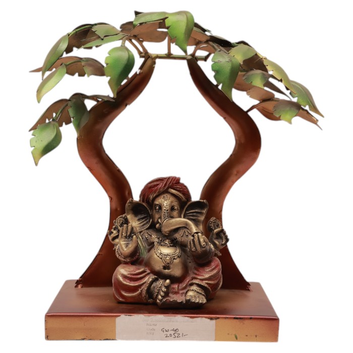 Ganesha Sculpture: Seated Figure, Tree Motif, Spiritual Decor for Home.