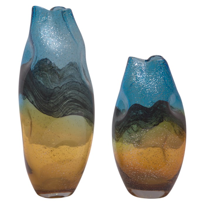 Artistic Duo: Hand-Blown Glass Vases, Ocean & Sunset Hues, Sculptural Decor for Modern Interiors.