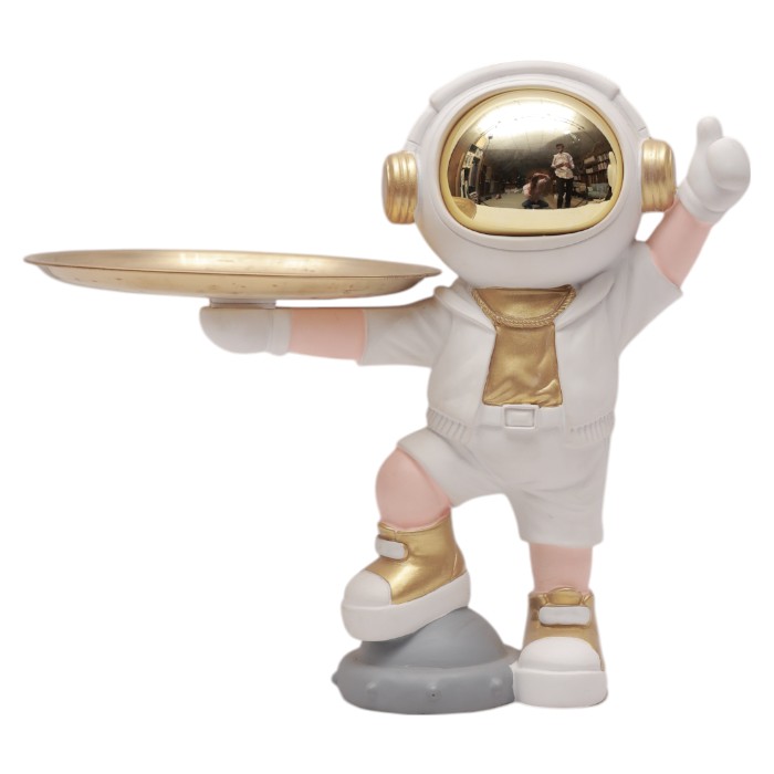 Astronaut Figurine with Gold Tray: Modern Space-Themed Accent, Unique Decorative Piece, Functional and Stylish Home Addition.