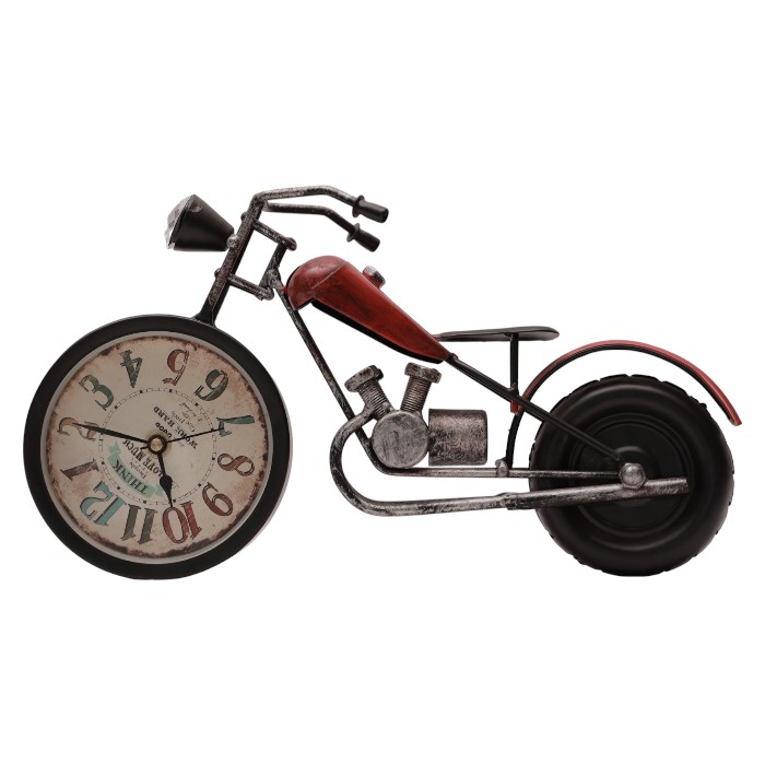 Vintage Motorcycle Table Clock: Rustic Industrial Decor, Unique Timepiece, Handcrafted Metal Design, Add a Touch of Retro Charm to Your Space.