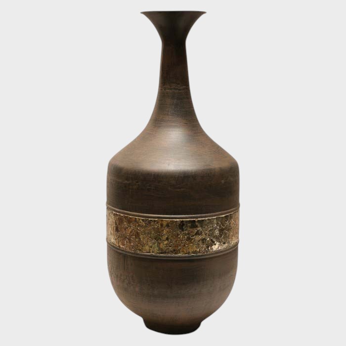 Modern Brown Vase with Textured Metallic Band - Elegant Decorative Accent