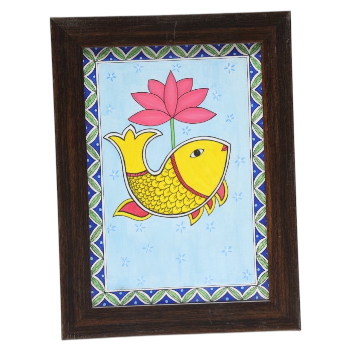 Framed Stylized Painting: Folk Art Inspired, Geometric Border Design, Vibrant Color Palette, Add a Touch of Whimsical Nature.