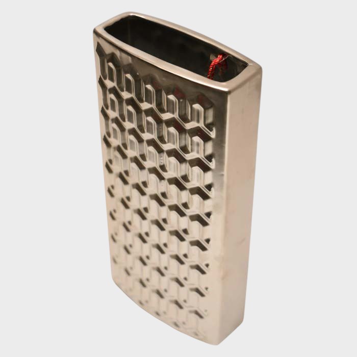 Silver Geometric Patterned Vase - Modern Rectangular Decorative Accent