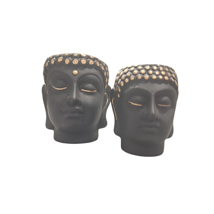 Set of 2 Matte Black Buddha Head Planters with Gold Accents - Zen Home Decor