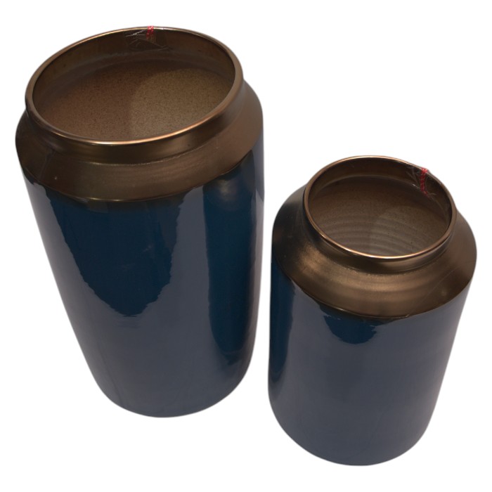Contemporary Navy & Gold Banded Vase Set