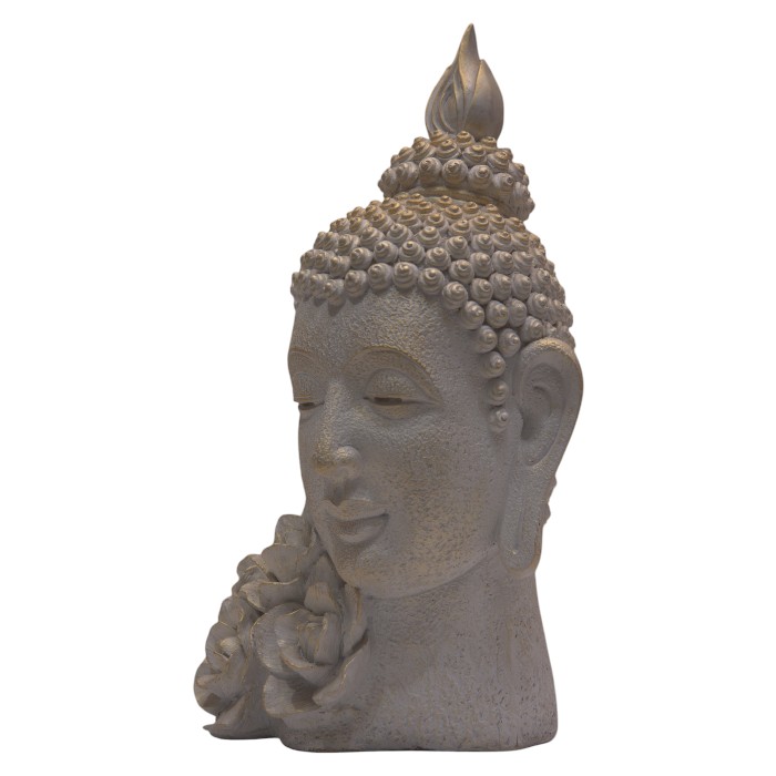 Buddha Head Sculpture: Floral Detail, Serene Expression, Spiritual Accent for Home or Meditation Space.