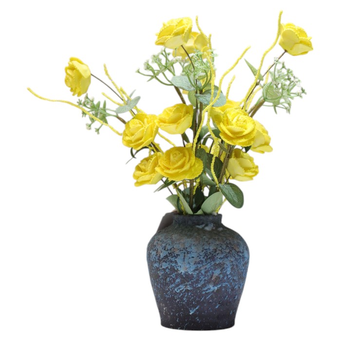 Artificial Blue Rose Arrangement in Textured Pot: Elegant Faux Flowers, Long-Lasting Decor, Tabletop Centerpiece, Add a Touch of Serene Beauty.