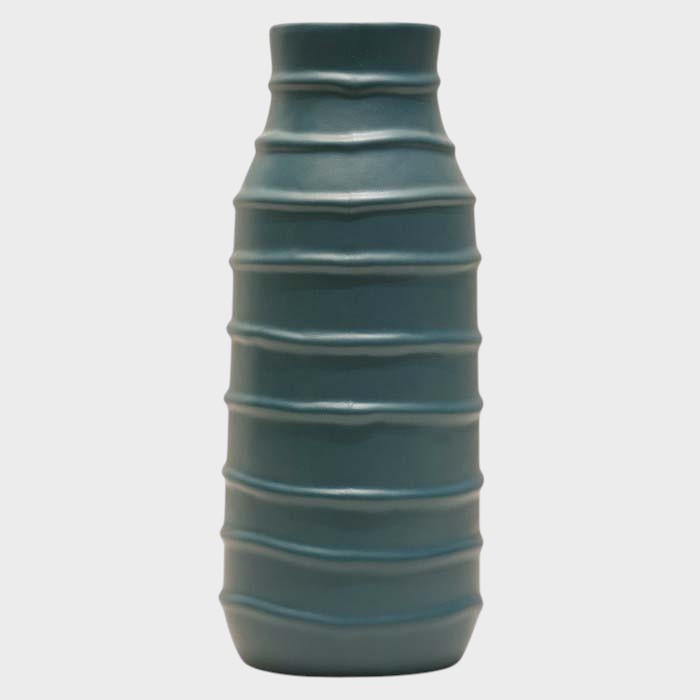 Modern Teal Ribbed Ceramic Vase - Stylish Textured Home Accent (Set of 2)