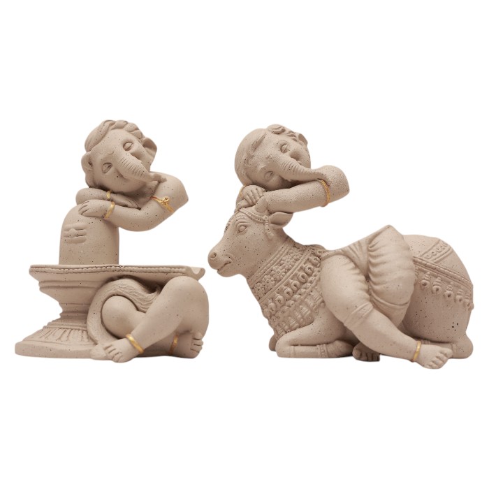 Ganesha and Nandi Sculptures: Intertwined Forms, Stylized Design, Spiritual Decor for Home.