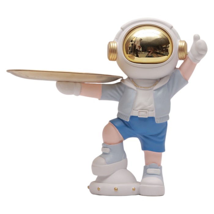 Astronaut Figurine with Gold Tray: Modern Space-Themed Accent, Unique Decorative Piece, Functional and Stylish Home Addition.