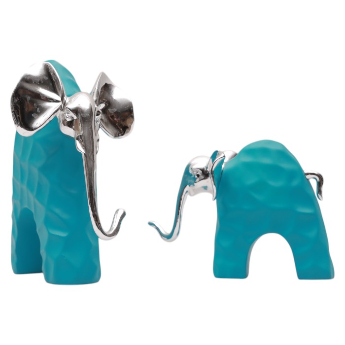Teal Elephant Figurines with Silver Accents: Modern Animal Decor, Textured Finish, Unique Home Accents, Stylish and Eye-Catching.