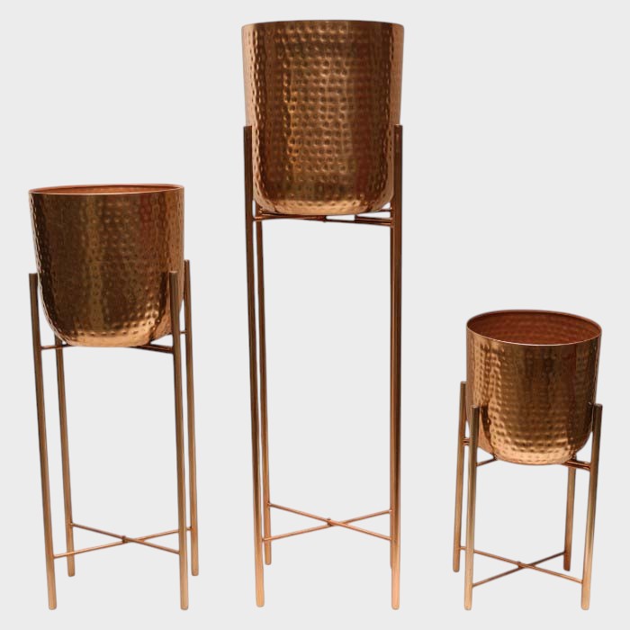 Modern Hammered Copper Finish Plant Stands - Set of Three