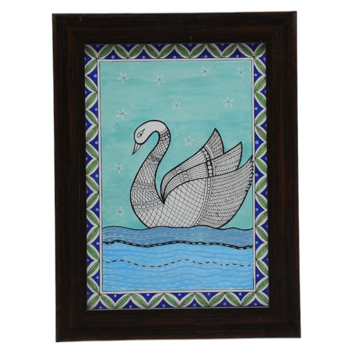 Framed Stylized Painting: Folk Art Inspired, Geometric Border Design, Vibrant Color Palette, Add a Touch of Whimsical Nature.