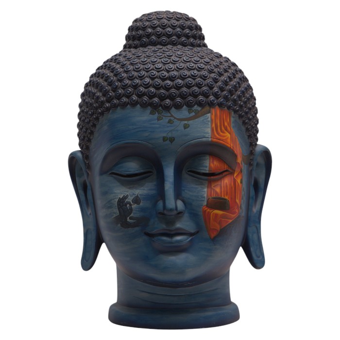 Buddha Head Sculpture: Detailed Features, Decorative Markings, Spiritual Accent for Home or Meditation Space.