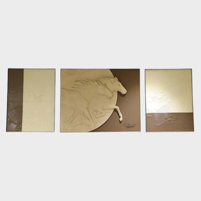 Triptych Wall Art with Embossed Horses and Landscape (set of 3)