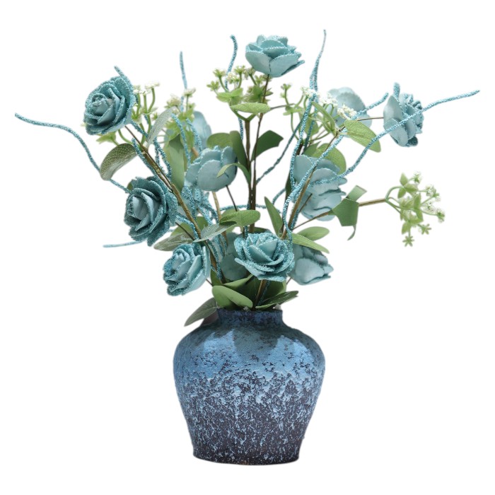 Artificial Blue Rose Arrangement in Textured Pot: Elegant Faux Flowers, Long-Lasting Decor, Tabletop Centerpiece, Add a Touch of Serene Beauty.