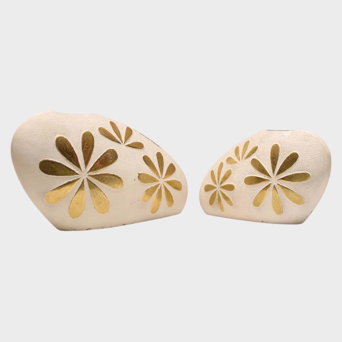 Modern Ivory Vases with Gold Floral Accents - Chic Decorative Pair (set of 2)