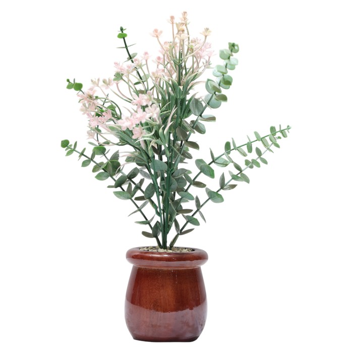 Artificial Eucalyptus and Floral Arrangement in Brown Pot: Realistic Faux Plants, Elegant Tabletop Decor, Long-Lasting Greenery, Add a Touch of Natural Charm.