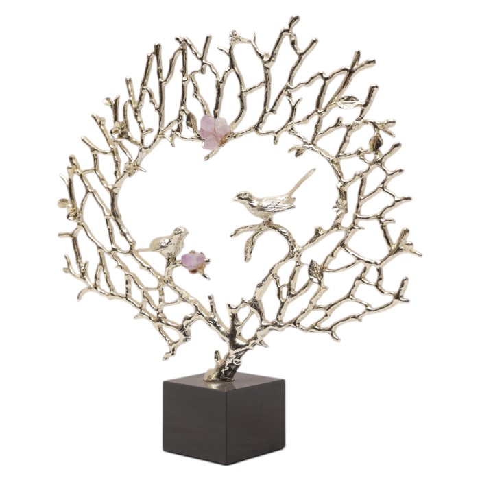 Branch Sculpture with Birds and Crystals: Nature Inspired Art, Elegant Home Decor, Detailed Craftsmanship, Add a Touch of Serenity.