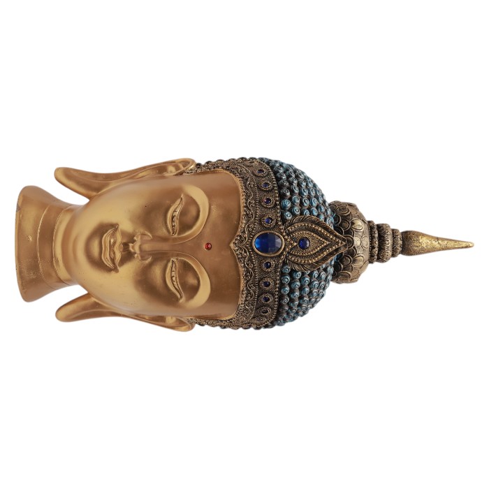 Buddha Head Sculpture: Detailed Features, Jeweled Crown, Spiritual Decor for Home.