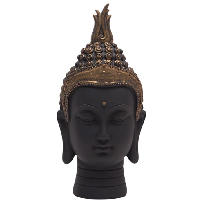 Regal Black Buddha Head - Golden Crown Serenity
