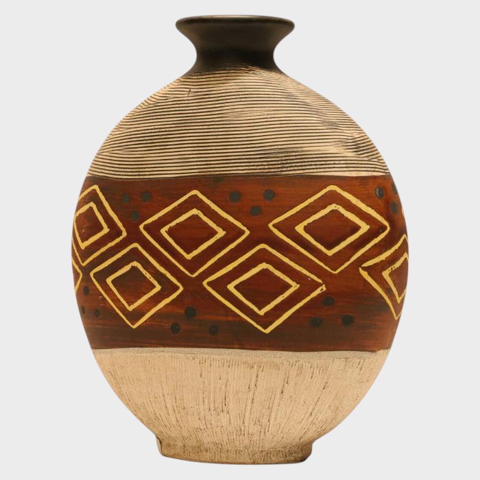 Handmade Artisan Aztec Pattern Ceramic Vase: Unique Pottery Decor, Geometric Motif Design