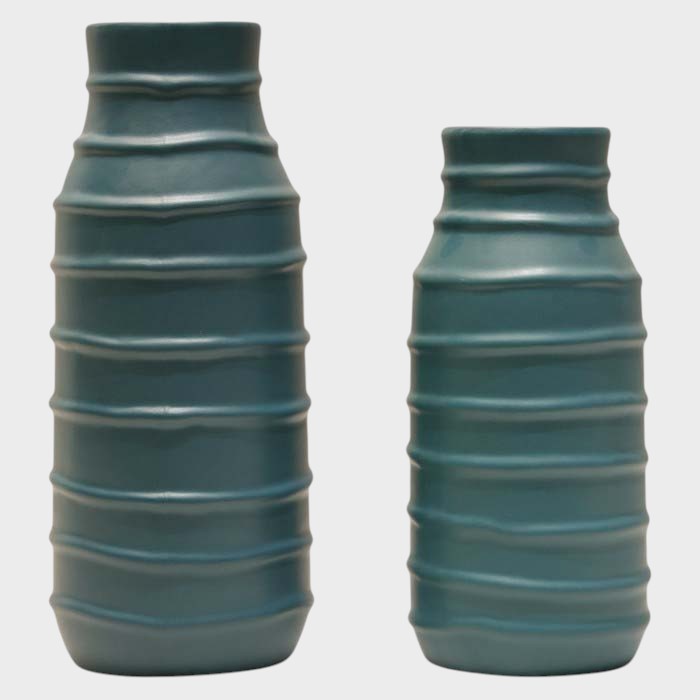 Modern Teal Ribbed Ceramic Vase - Stylish Textured Home Accent (Set of 2)