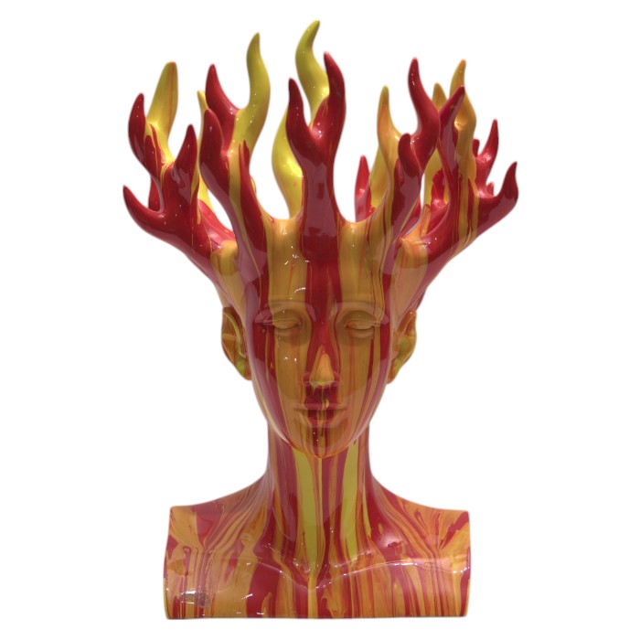 Figurative Bust Sculpture: Flame-like Details, Artistic Expression, Unique Decor Piece for Contemporary Spaces.