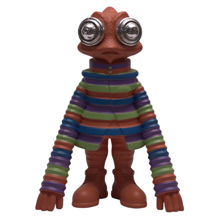 Figurine: Stylized Creature, Striped Clothing, Large Eyes, Whimsical Decor Piece for Playful Interiors.