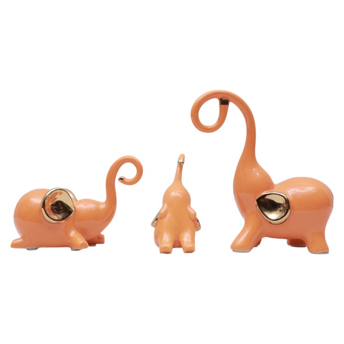 Orange Elephant Figurine Set: Modern Animal Decor, Unique Trunk Designs, Gold Accents, Playful Home Accents, Add a Touch of Whimsy.
