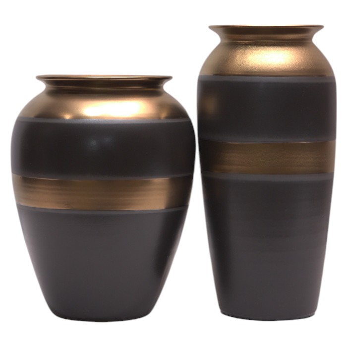 Mid-Century Modern Gray and Gold Banded Vase Set