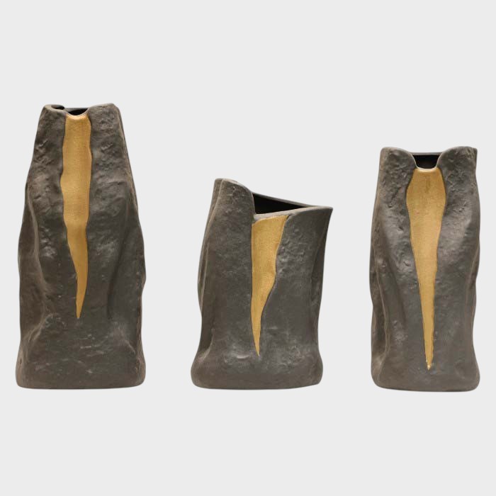 Textured Charcoal Vase with Gold Inlay - Modern Sculptural Accent