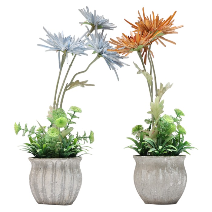 Artificial Chrysanthemum Arrangements in Textured Pots: Elegant Faux Flowers, Realistic Floral Decor, Tabletop Centerpieces, Set of Two, Add a Touch of Color and Texture.